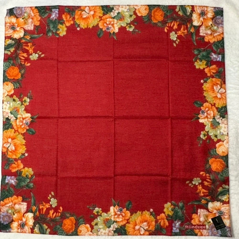 Vtg YVES SAINT LAURENT Scarf Handkerchief Floral Cotton Red Orange Yellow 19